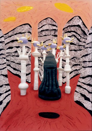 ‘Reredos for the Oratory of Heavenly Space’ Yahweh and the Seraphim digitally superimposed on a wax drawing of the Oratory of Heavenly Space interior