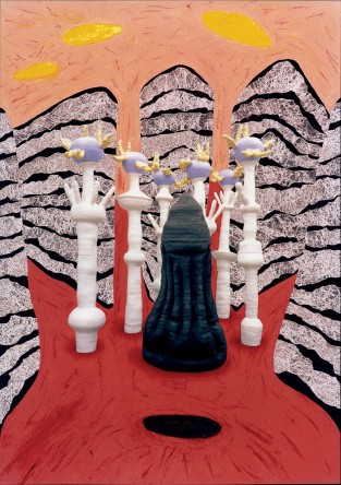 ‘Reredos for the Oratory of Heavenly Space’ Yahweh and the Seraphim digitally superimposed on a wax drawing of the Oratory of Heavenly Space interior