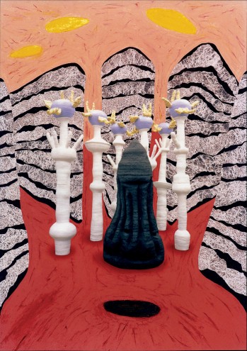 ‘Reredos for the Oratory of Heavenly Space’ Yahweh and the Seraphim digitally superimposed on a wax drawing of the Oratory of Heavenly Space interior