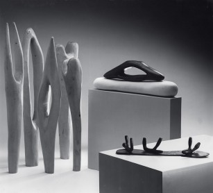 Installation views with Hoos (1981), Maquette for an Unknown Landscape (1982), African Woods (1982), Model for an Unknown Landscape No. 2 (1983) and Untitled (1983), Galerij S65, Aalst, 1983