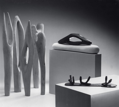 Installation views with Hoos (1981), Maquette for an Unknown Landscape (1982), African Woods (1982), Model for an Unknown Landscape No. 2 (1983) and Untitled (1983), Galerij S65, Aalst, 1983