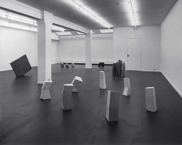 Installation view with Seven Odd Chalks (1978), Four Thin Stones (1978), Three Odd Woods (1978), Five Odd Woods (1978) and Three Stone Slabs (1978), Art & Project, Amsterdam, 1978