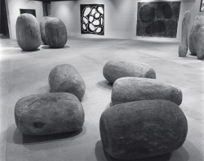 Installation view with Five Elm Lumps (1981), Big Balls (1981), Many Black Holes (1981) and Three Black Lumps (1979), John Hansard Gallery, University of Southampton, Southampton, 1982