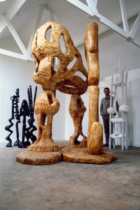 Installation view with The Vicar (1997), Norman, Virginia and Other Members of the Congregation (1986) and The Oxford Conversation (1985) at the artist’s studio, Herefordshire, 1986