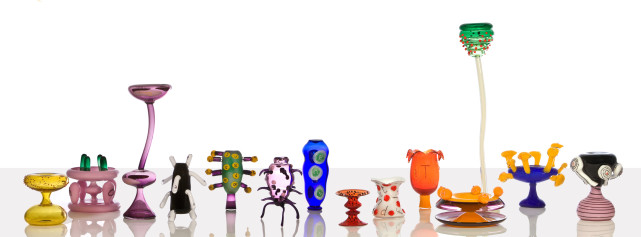 The Conundrum of the Chalices of the Seven Deadly Sins and Seven Virtues. Nicholas Pope with James Maskrey. 2015 glass max height Anger 103cm. photo. David Williams