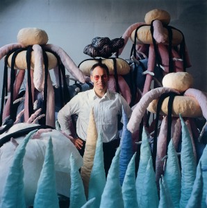 The artist surrounded by The Ten Commandments in Flowing Light, 1997, Much Marcle Studio